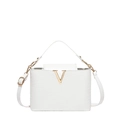 Witte crossbodytas voor dames met geweven textuur, gouden V-logo en handgreep boven - Wit