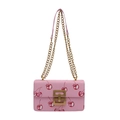 Pink cherry print crossbody bag with gold metallic lock and leather chain strap - Pink
