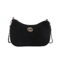 Sac sous le bras vintage en daim noir avec fermoir double anneau doré et chaîne dorée - Noir