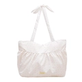 Bolso tote blanco con lunares rosas, borde de volantes y correa de hombro con lazo - Rosa con Lunares