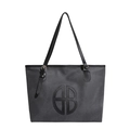 Schicke schwarze Oversize-Einkaufstasche mit Retro-Schultergurt und runder Logo-Stickerei - Grauschwarz