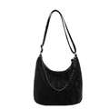 Minimalist black PU hobo bag with pleated texture and silver chain detail - Black Pleated Chain Shoulder Bag / Black