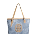 Große blaue Patchwork-Einkaufstasche mit braunen Lederriemen und Logo-Ausschnitt - Blau Khaki