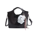Large capacity dark woven leather tote bag with cute white puppy pendant and shoulder strap - Coffee without Pendant
