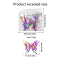Detail showing 12pcs of 3D rainbow butterfly wall stickers with size measurements - Iridescent Holographic (PJ1500B-YY)
