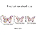 Size chart showing 12pcs of 3D rainbow butterfly wall stickers in three different dimensions - Floral Pattern Style (YH417C)
