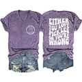 Flat lay of purple V-neck T-shirt with pickles print and distressed denim shorts - Purple (White Font)