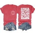 Red V-neck pickle graphic T-shirt with vintage denim shorts in a flat lay style - Red