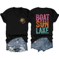 Detail of V-neck T-shirt back with Boat Sun Lake colorful artistic typography design - Black (White Print)
