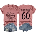 Detail view of Chapter 60 Birthday Queen V-neck t-shirt with 1965 crown print back and front - Rose Gold (Black Font)