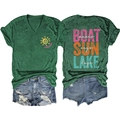 Detailed front and back view of V-neck heather green T-shirt with Boat Sun Lake prints - Vintage Green