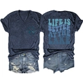 Detail of V-neck T-shirt with lake print and distressed denim shorts with raw hem - Navy Blue
