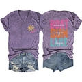 Detail of purple V-neck T-shirt with lake print and distressed denim shorts outfit - Purple (White Print)
