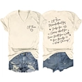 Front and back view of beige V-neck T-shirt with Let Them print and ripped denim shorts - S / Sand (Black Font)