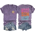 Detail of V-neck purple T-shirt with lake sun rays graphic and distressed denim shorts - Purple (Black Print)