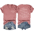 Flat lay detail of pink V-neck T-shirt with white script print and distressed denim shorts - Rose Gold (White Font)
