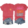Front and back detail of red V-neck T-shirt with Boat Sun Lake graphics and lettering - Red
