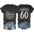 Front and back view of grey Chapter 60 Birthday Queen V-neck T-shirt for women - Black Heather Grey