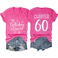 Detail view of pink V-neck Birthday Queen 1965 shirt and Chapter 60 back print - Rose Red