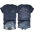 Detail view of navy V-neck T-shirt with 'Let Them' print and distressed denim shorts - Navy Blue (White Font)