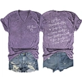 Front and back view of purple V-neck T-shirt with quote and distressed denim shorts - Purple (White Font)