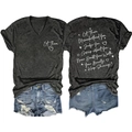 Detail of dark grey V-neck T-shirt with 'Let Them' slogan and ripped denim shorts set - Black Marled (White Font)
