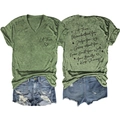 Detailed flat lay of green V-neck T-shirt with inspirational quotes and denim shorts - Olive Green (Black Font)