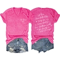 Front and back detail of pink V-neck T-shirt with Let Them quote and denim shorts - Rose Red (White Font)