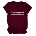 Detail of rolled cuffs and white graphic print on burgundy crew neck cotton T-shirt - Wine Red (White Font)