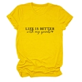 Detail of yellow cotton T-shirt featuring 'LIFE IS BETTER' slogan and heart graphic - Yellow (Black Font)