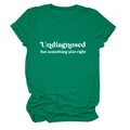 Detail of green crew neck T-shirt featuring white artistic text print and soft cotton texture - Dark Green (White Font)