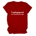 Detail of burgundy crew neck T-shirt featuring white slogan and cuffed short sleeves - Red (White Font)