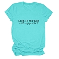 Close-up of Tiffany blue cotton t-shirt with Life is better with my grands text print - Deep Water Blue (Black Font)
