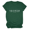 Detailed flat lay of dark green heather T-shirt with LIFE IS BETTER text print - Retro Green (White Font)