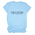 Close-up of light blue cotton T-shirt with black Life is Better text and heart print - Light Blue (Black Font)