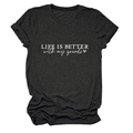 Detail of grey crewneck T-shirt showing LIFE IS BETTER print with heart pattern - Heather Gray (White Font)