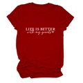 Detail of rolled sleeves and white printed text on deep red cotton casual t-shirt - Red (White Font)