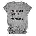 Detail eines grauen Baumwoll-T-Shirts mit Vintage Weekends Coffee und Wrestling Slogan - S / Dunkelgrau (Schwarzer Text)