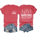 Détail recto-verso du t-shirt rouge col V avec imprimés floraux de paraprofessionnel - Rouge (Impression Blanche)