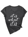 Détail d'un t-shirt gris col en V avec slogan et nœud élégant à la taille - S / Style Texte Blanc / Gris Chiné Noir