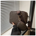 Vintage brown plaid crossbody camera bag with detachable round coin purse and wide strap - Coffee