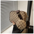 Vintage checkered small square bag with round coin purse and brown woven strap - Khaki