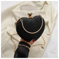 Pochette de soirée cœur noir scintillant avec bandoulière dorée et fermoir cristal - Noir