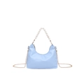 Sky blue crescent shoulder bag with elegant pearl handle and gold chain detail - Blue