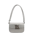 Silver-grey leather underarm bag with black gothic metal logo and knotted shoulder strap - Silver