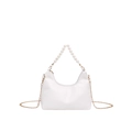 White hobo shoulder bag featuring elegant pearl bead handle and gold metal chain strap - White