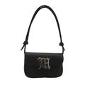 Minimalist black leather underarm bag featuring a gothic metal logo and knotted shoulder strap - Black