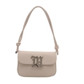 Chic beige matte leather handbag with gothic silver logo and knotted shoulder strap detail - White