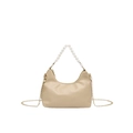 Elegant cream leather hobo bag with pearl bead handle and gold metal chain strap - Khaki