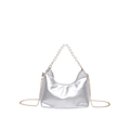Silver metallic hobo shoulder bag with white pearl handle and gold chain strap - Silver